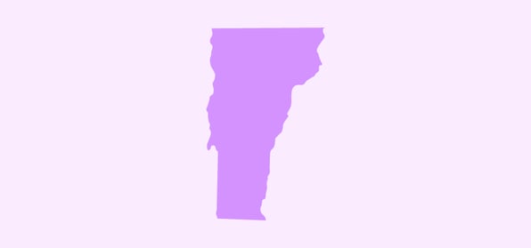 Bright rich purple illustration of the state of Vermont against a light pink background.