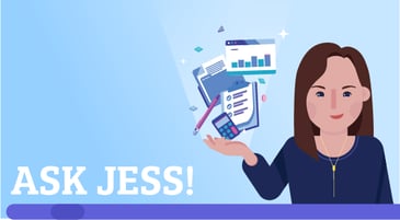 Vector illustration of Jess Gartner, a light-skinned woman with dark brown hair, set against a light blue background. Images of office supplies (papers, calculator, pen) float above her open hand. The text reads 