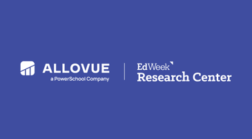 White logo lockup of Allovue, A PowerSchool Company and EdWeek Research Center against a dark purple background